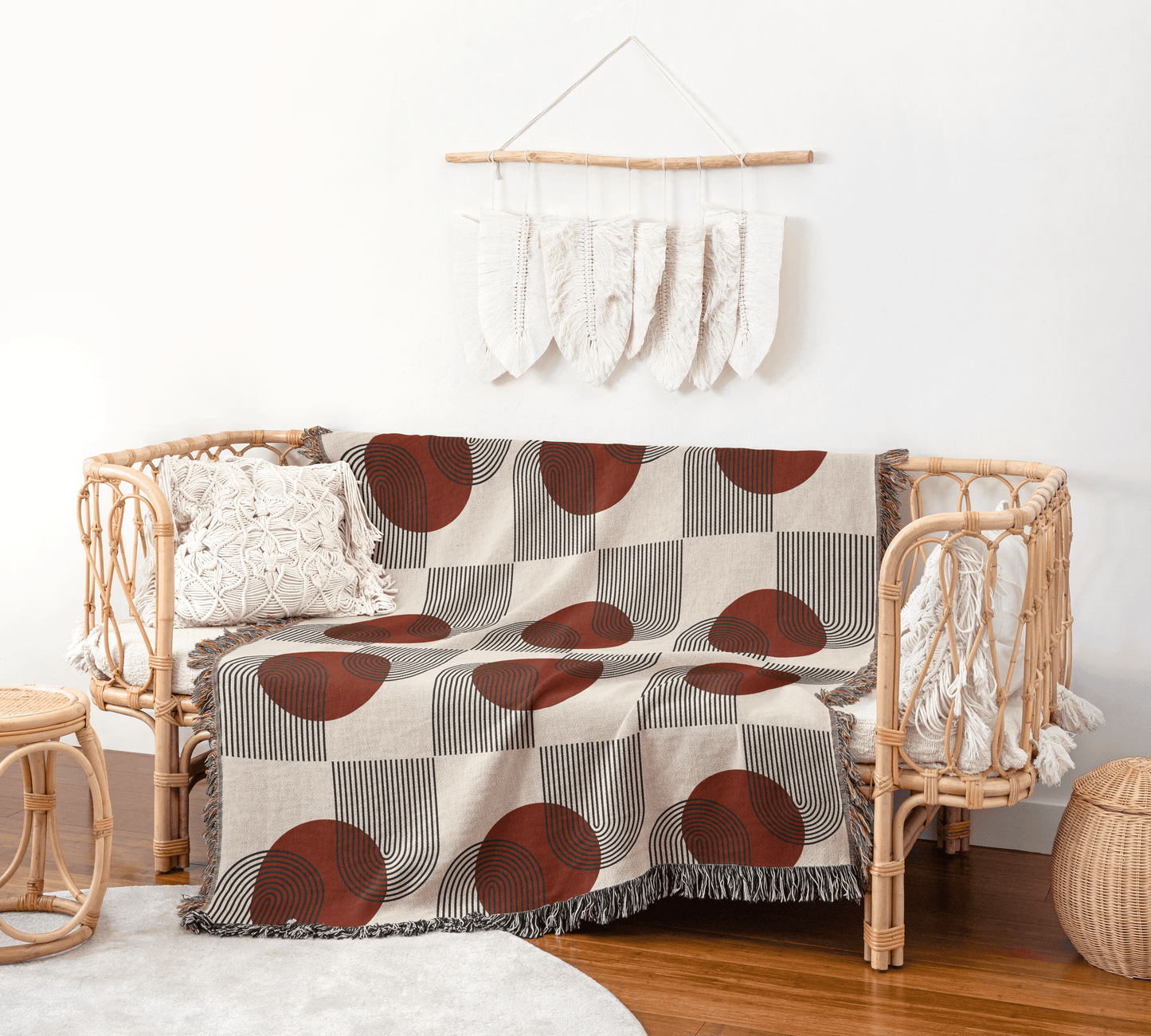 Burgundy and Beige Modern Circle Woven Blanket