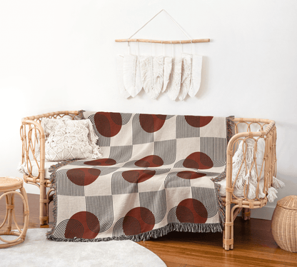 Burgundy and Beige Modern Circle Woven Blanket