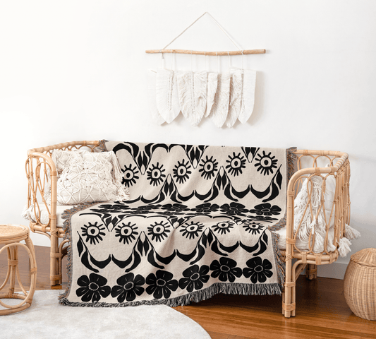 Folk Art Floral Woven Throw Blanket – Black & Ivory Eye and Flower