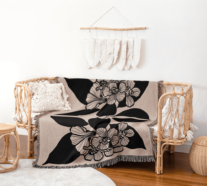 Black and Beige Modern Botanical Woven Throw Blanket