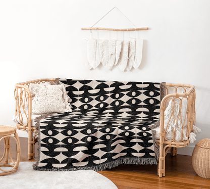 Black and White Mid-Century Woven Throw Blanket – Geometric Retro Pattern