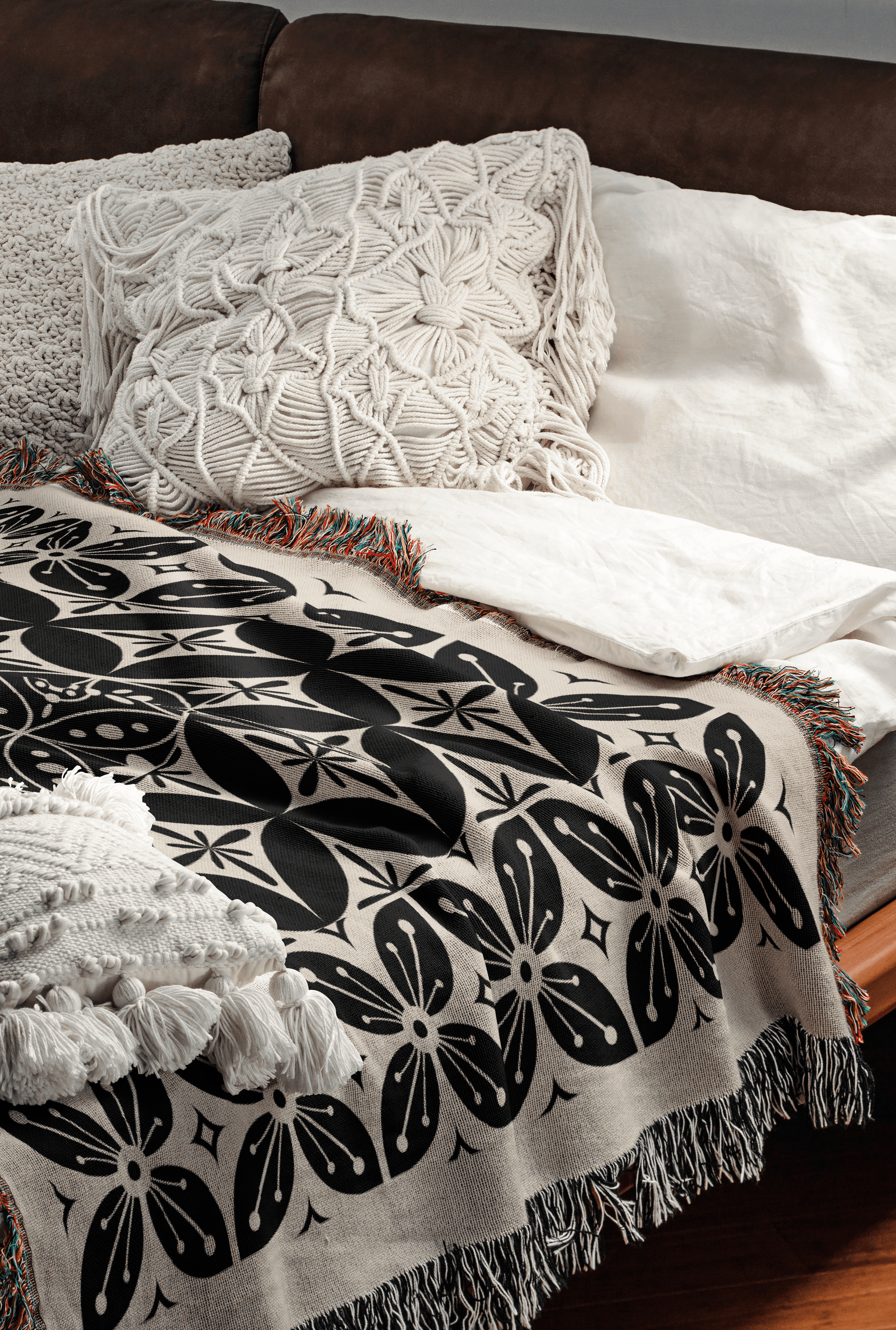 Black and Beige Tile Pattern Woven Cotton Throw Blankets - Taylor Bassam