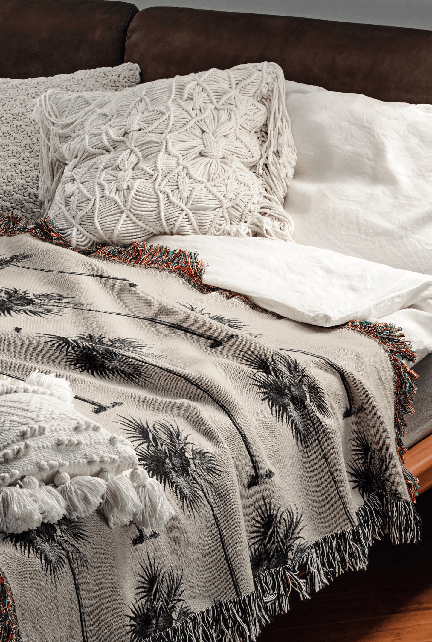 Black and Beige Vintage Palm Tree Woven Cotton Throw Blankets - Taylor Bassam