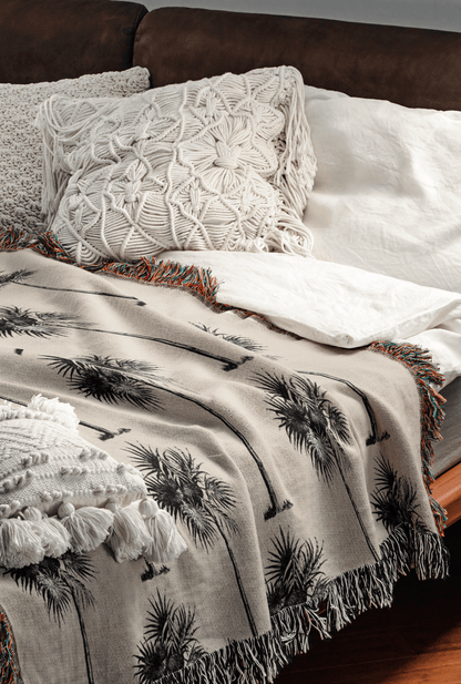 Black and Beige Vintage Palm Tree Woven Cotton Throw Blankets - Taylor Bassam
