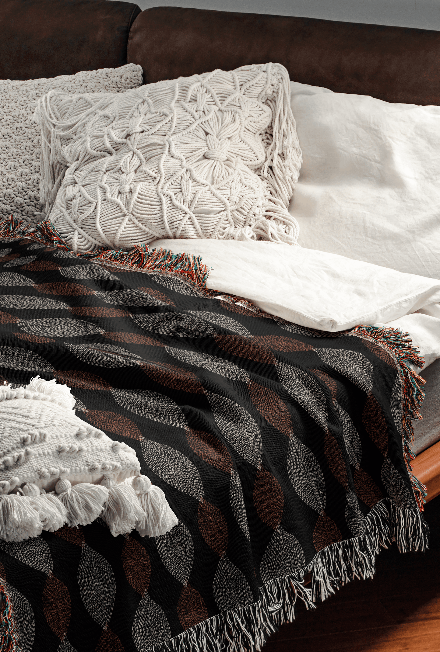 Dark Autumn Leaves Pattern Woven Cotton Throw Blankets - Taylor Bassam