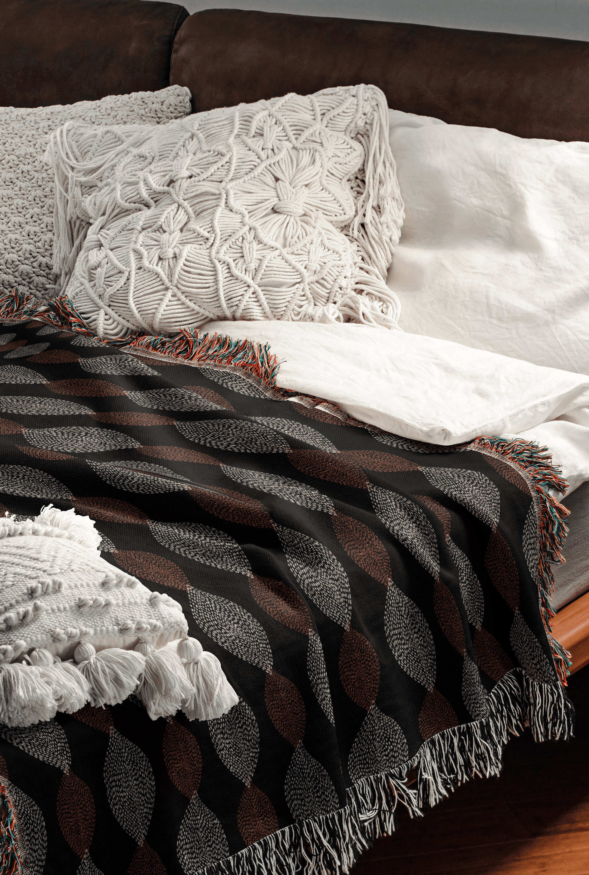 Dark Autumn Leaves Pattern Woven Cotton Throw Blankets - Taylor Bassam