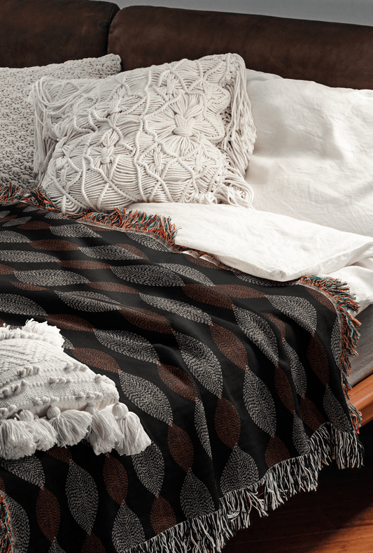 Dark Autumn Leaves Pattern Woven Cotton Throw Blankets - Taylor Bassam
