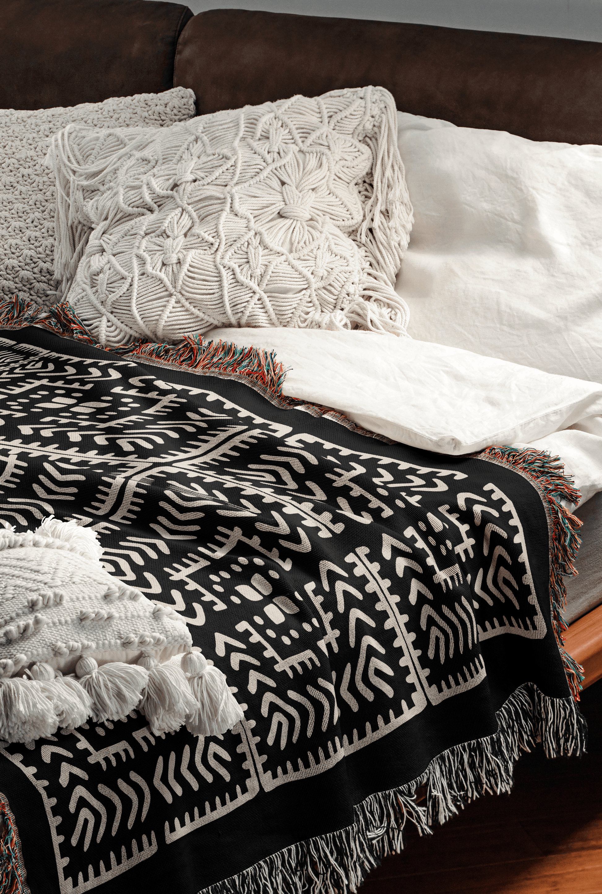 Black and Beige Intricate Motif Pattern Woven Cotton Throw Blankets - Taylor Bassam