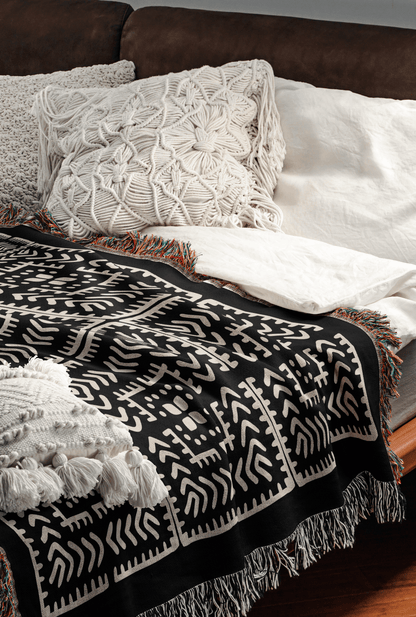 Black and Beige Intricate Motif Pattern Woven Cotton Throw Blankets - Taylor Bassam