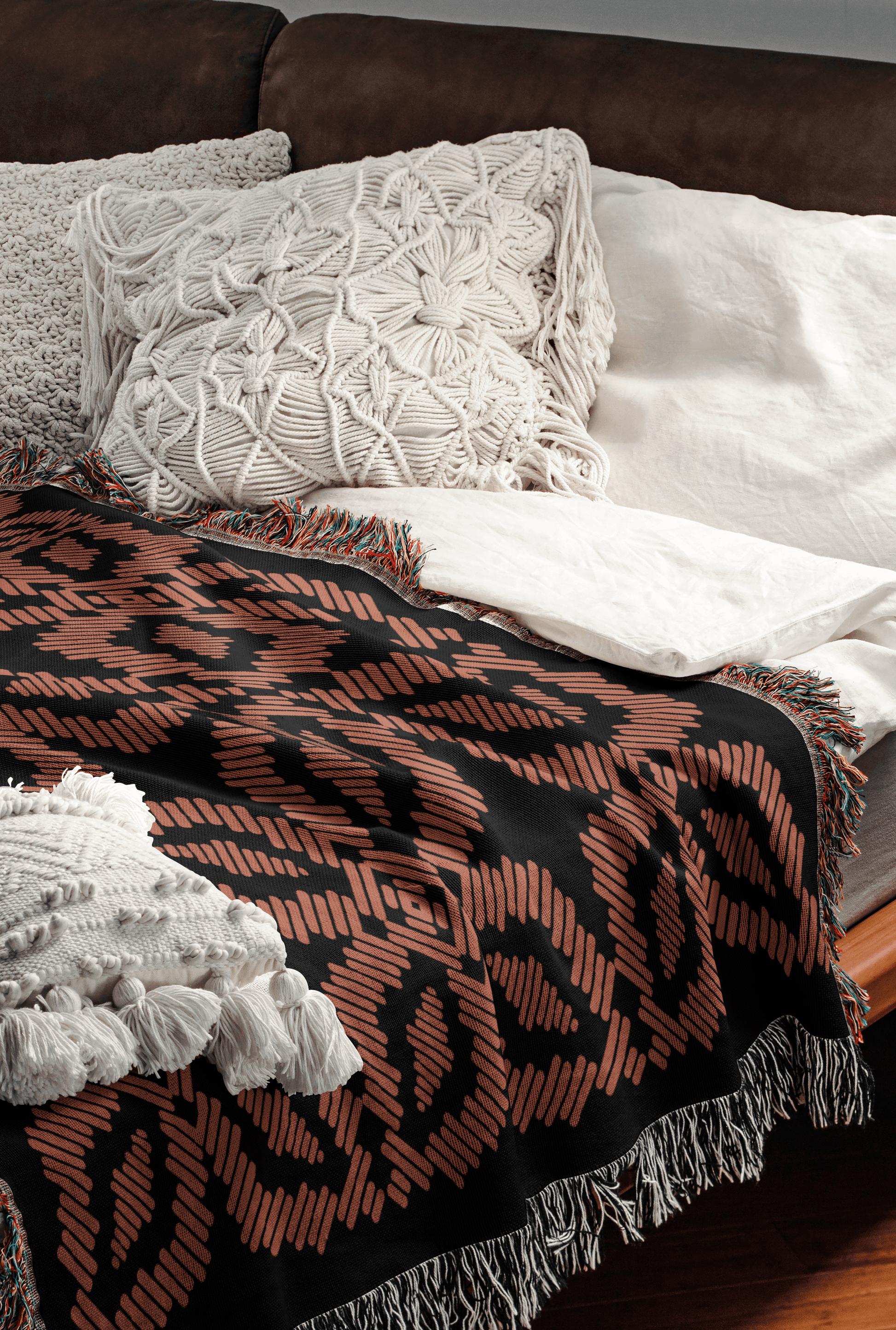 Orange and Black Quilt Pattern Boho Woven Cotton Throw Blankets - Taylor Bassam