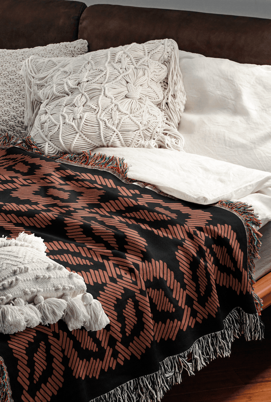 Orange and Black Quilt Pattern Boho Woven Cotton Throw Blankets - Taylor Bassam