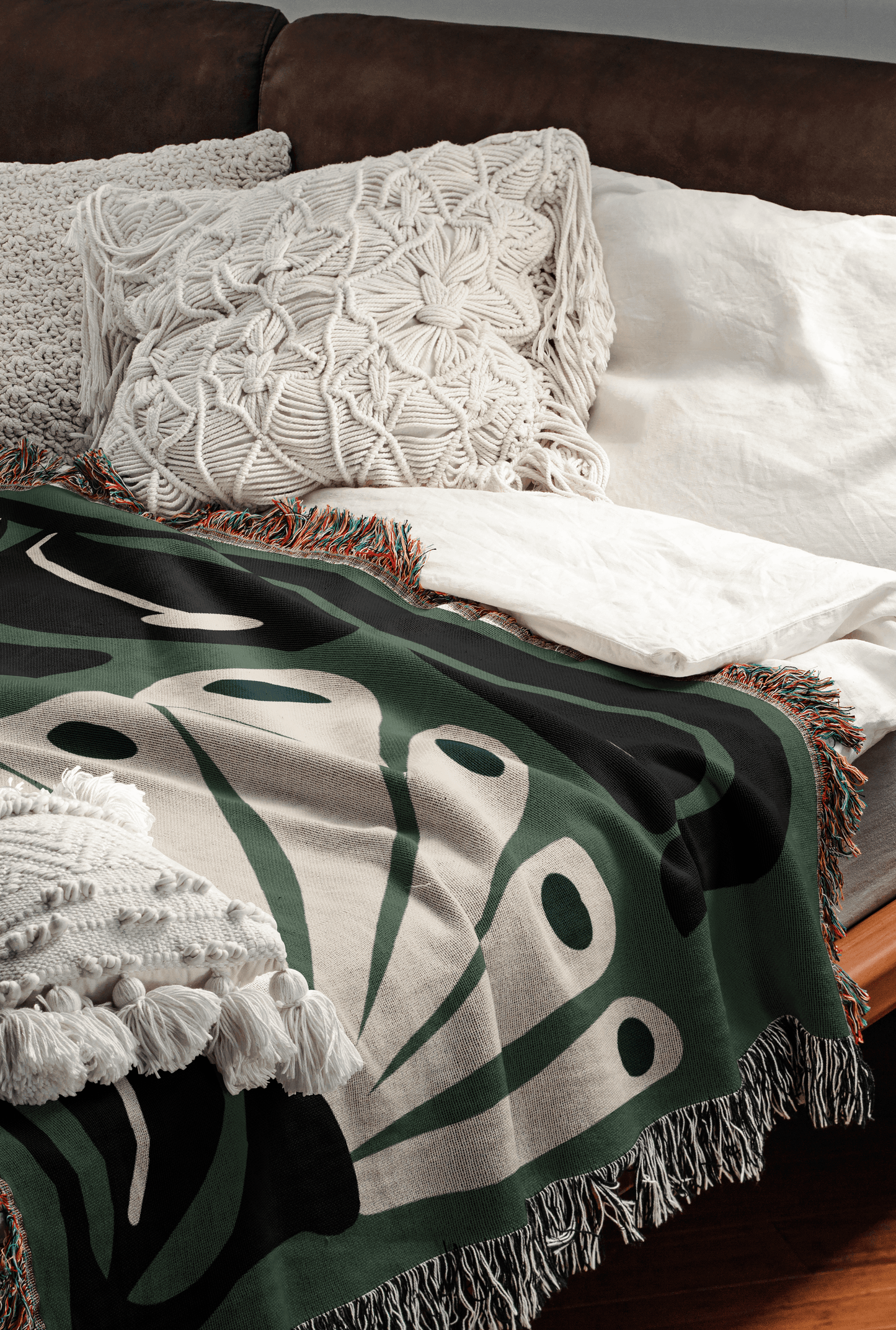 Green Matisse Inspired Retro Flower Woven Cotton Throw Blankets - Taylor Bassam