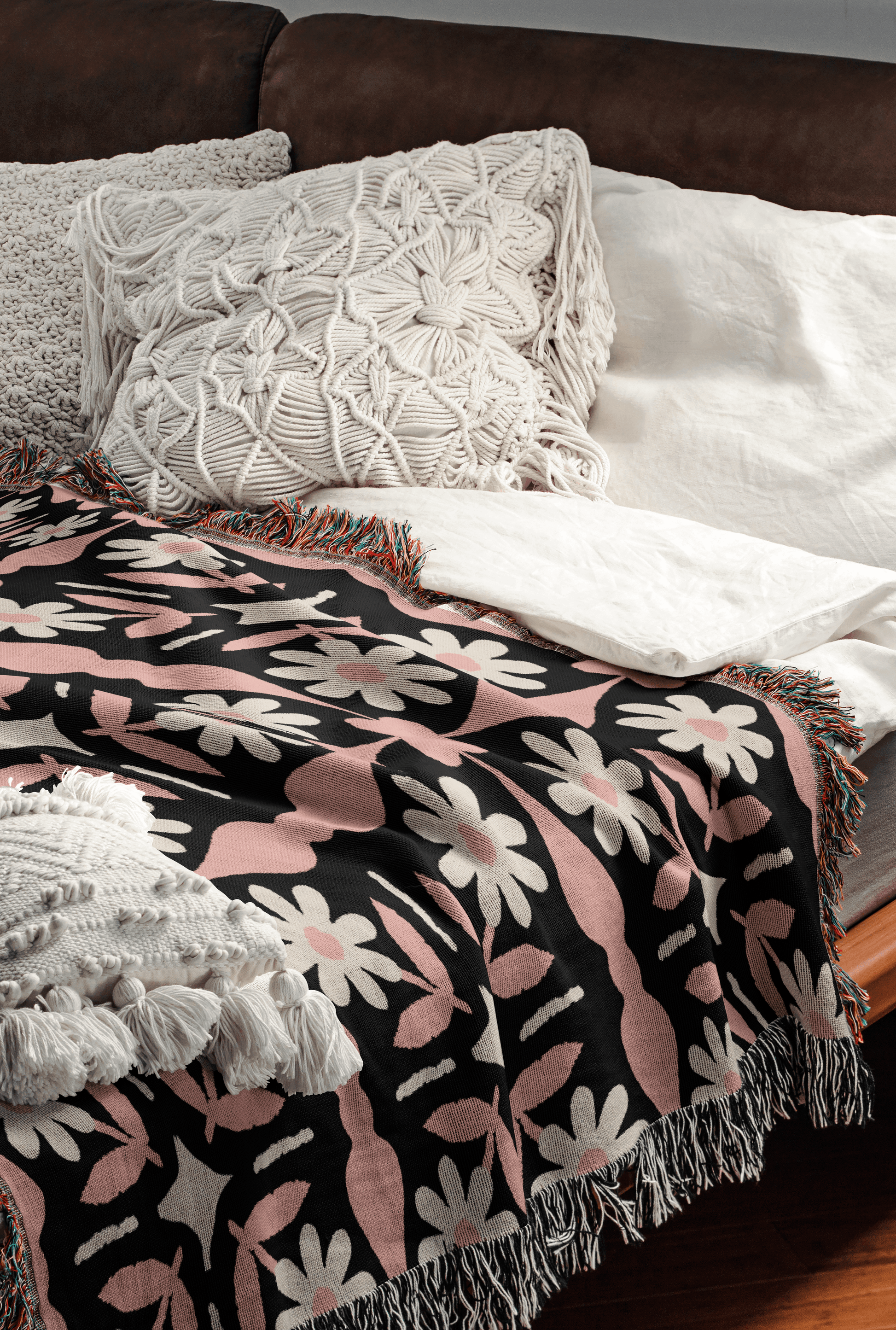 Black and Pink Boho Floral Tile Pattern Woven Cotton Throw Blankets - Taylor Bassam
