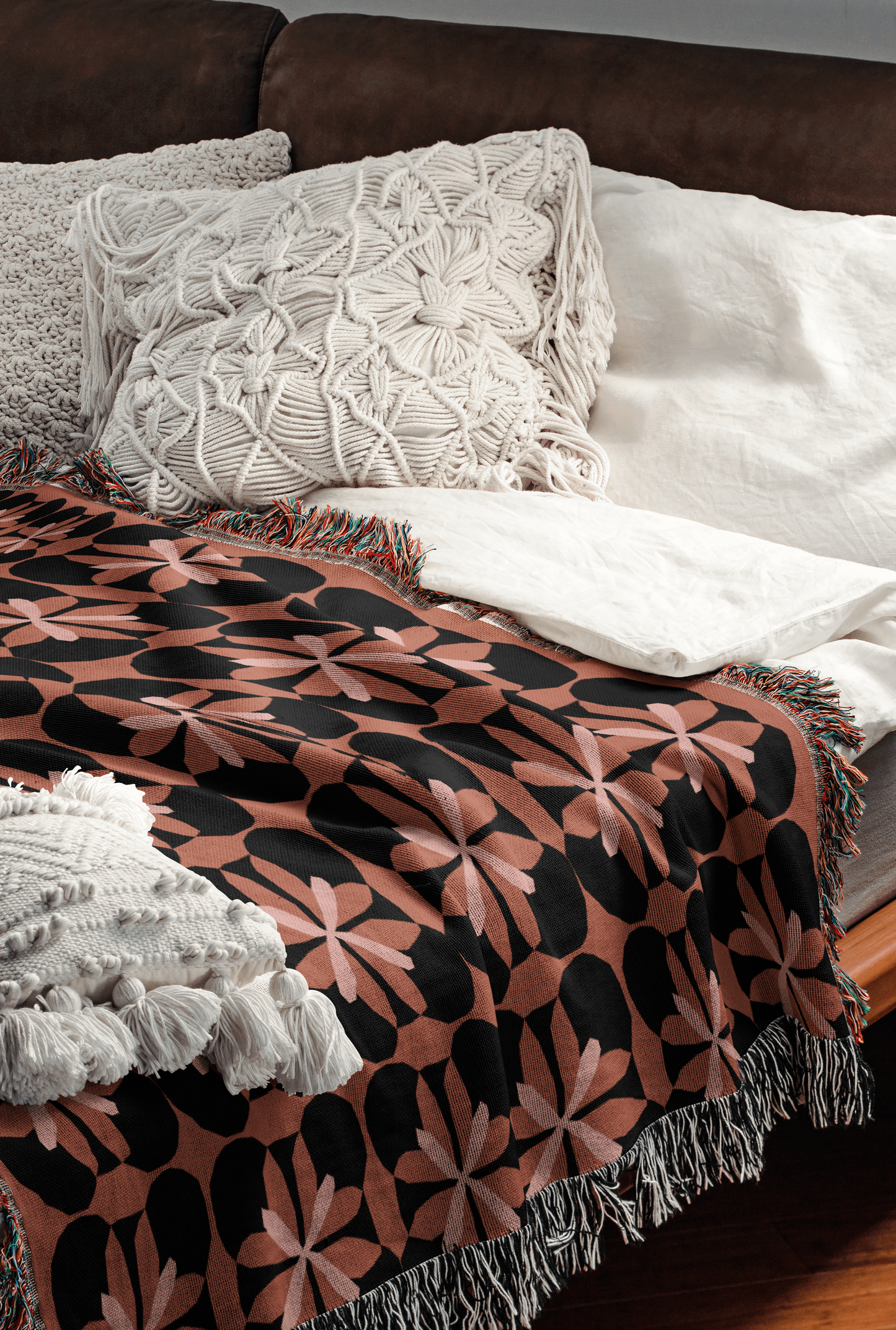 Fall Colors Abstract Flower Pattern Woven Cotton Throw Blankets - Taylor Bassam