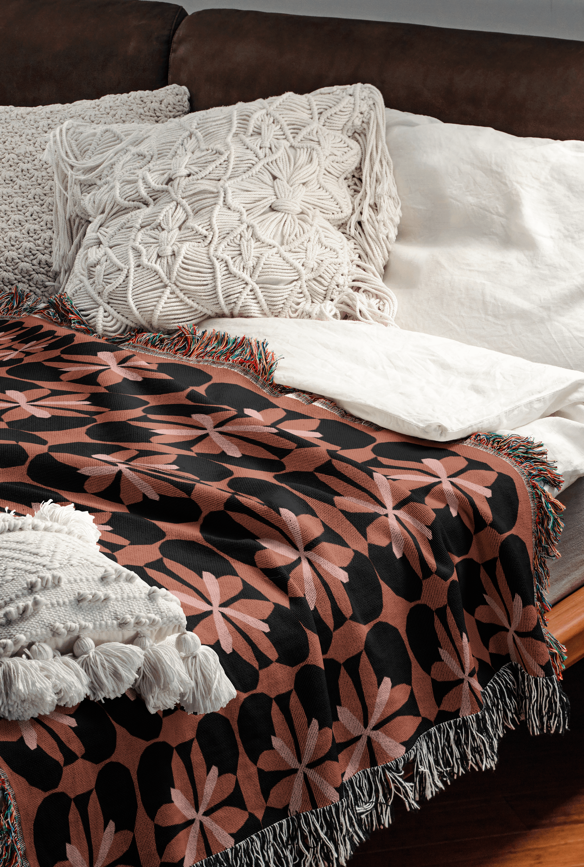 Fall Colors Abstract Flower Pattern Woven Cotton Throw Blankets - Taylor Bassam