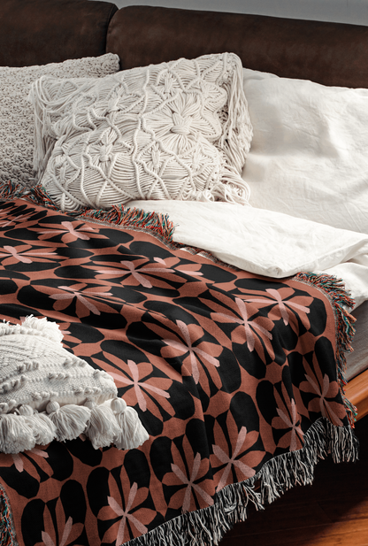 Fall Colors Abstract Flower Pattern Woven Cotton Throw Blankets - Taylor Bassam