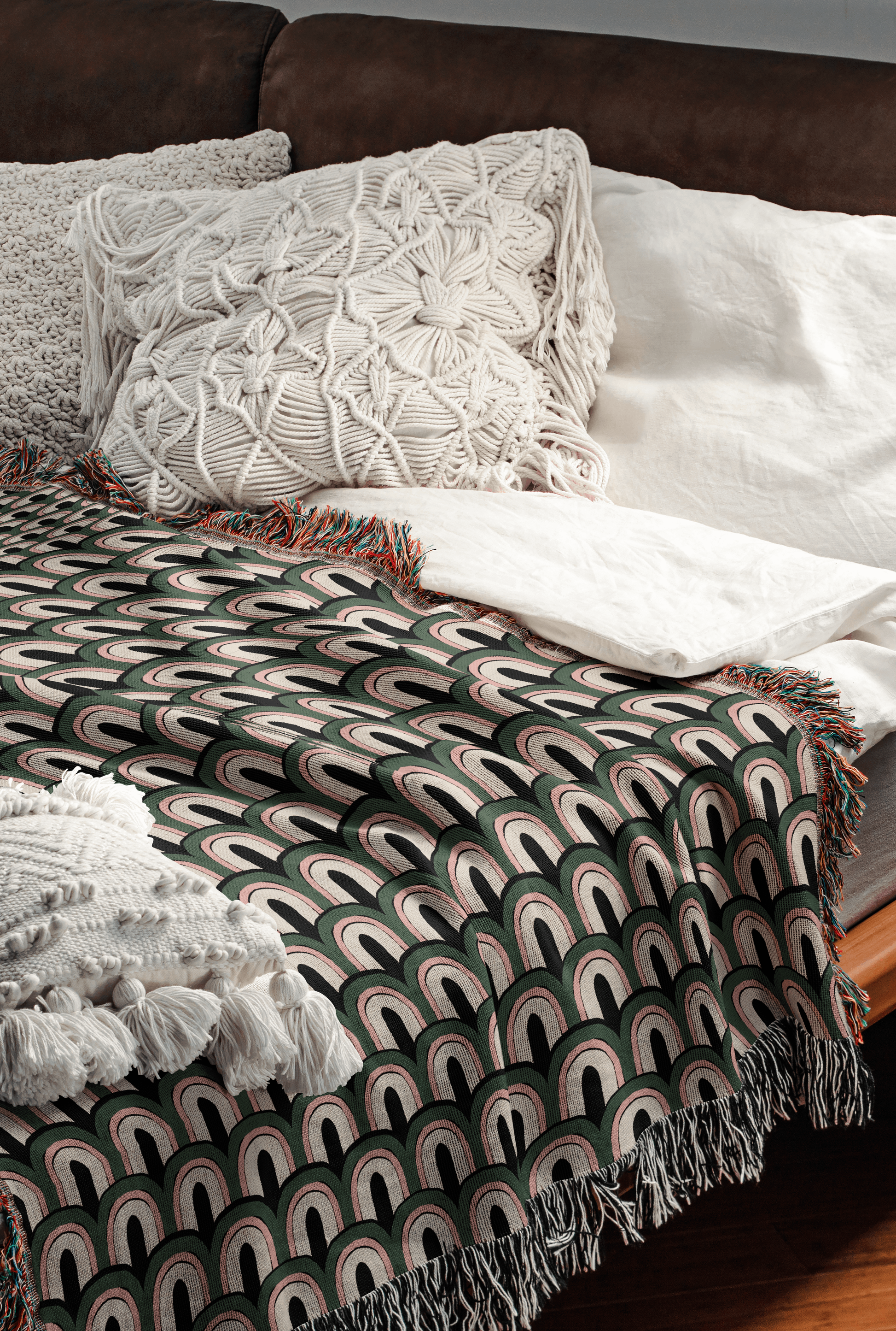 1970s Mod Green And Pink Arches Woven Cotton Throw Blankets