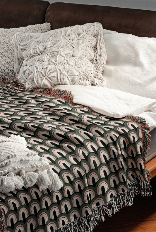 1970s Mod Green And Pink Arches Woven Cotton Throw Blankets
