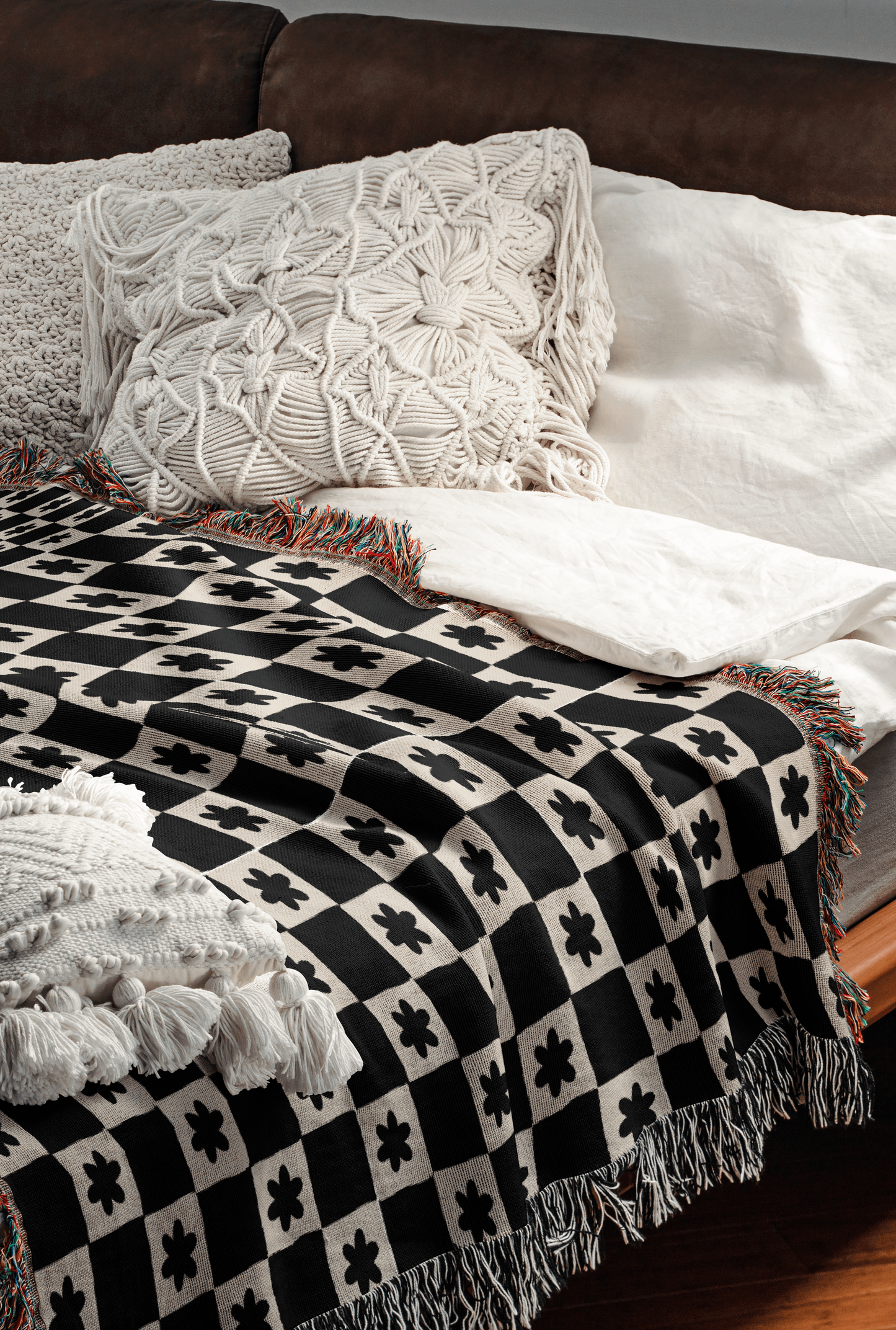 Retro Black and White Floral Check Cotton Throw Blanket from the 1960s