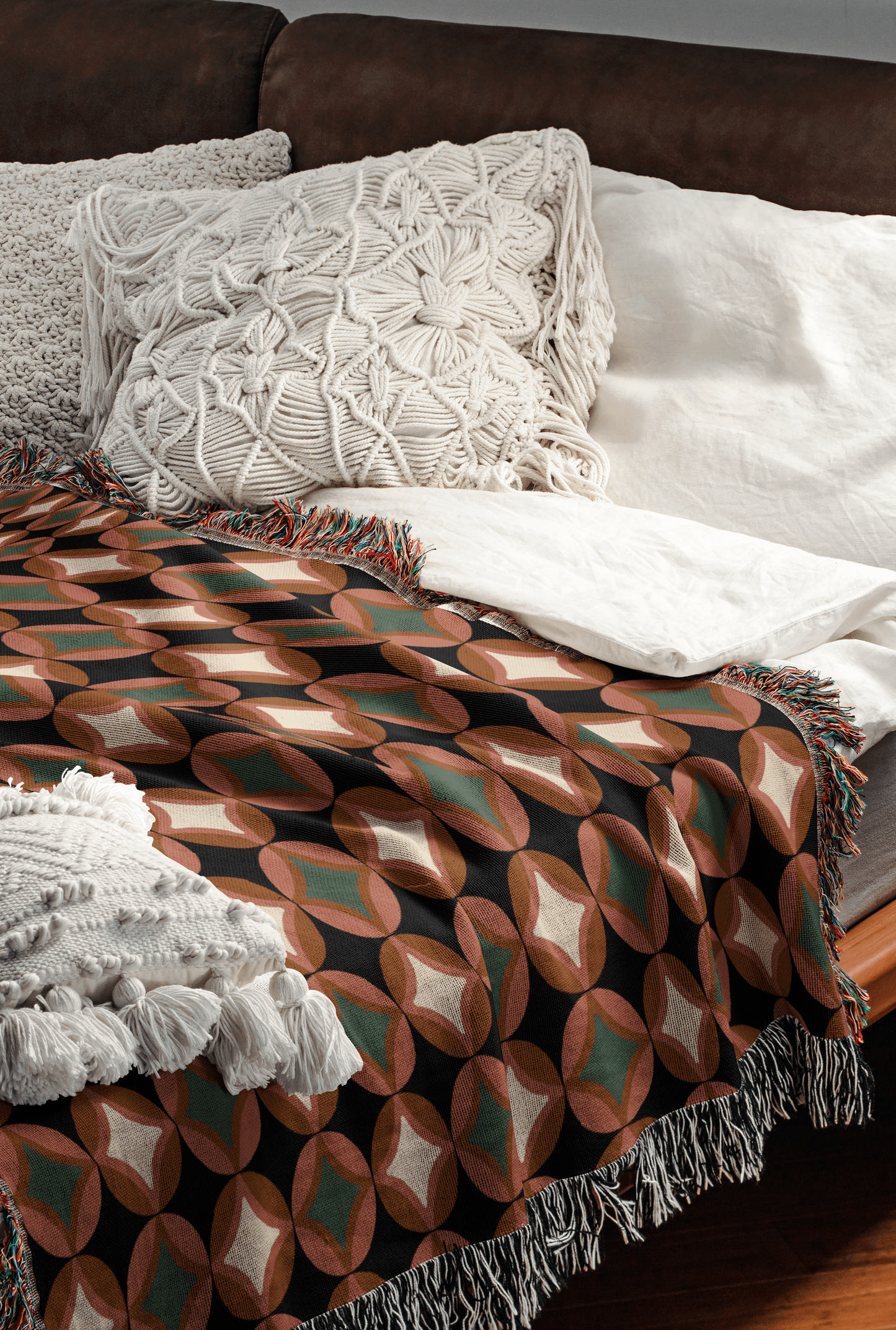 Burnt Orange and Green MCM Pattern Woven Cotton Throw Blankets