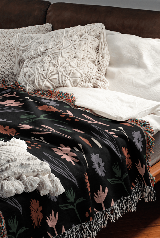 Dark Multicolor Modern Boho Floral Woven Cotton Throw Blankets