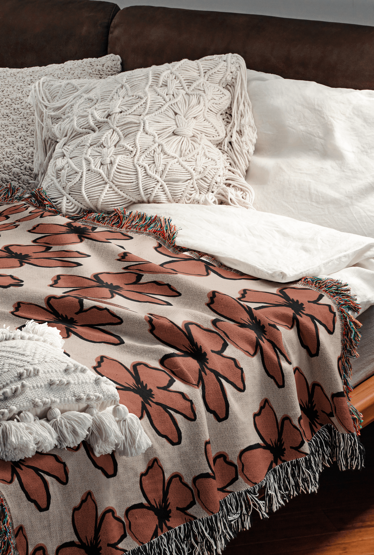 Dusty Rose and Rust Color Handdrawn Floral Woven Cotton Throw Blankets
