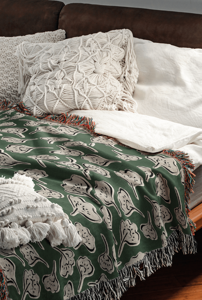 Green and White Modern Boho Flower Woven Cotton Throw Blankets