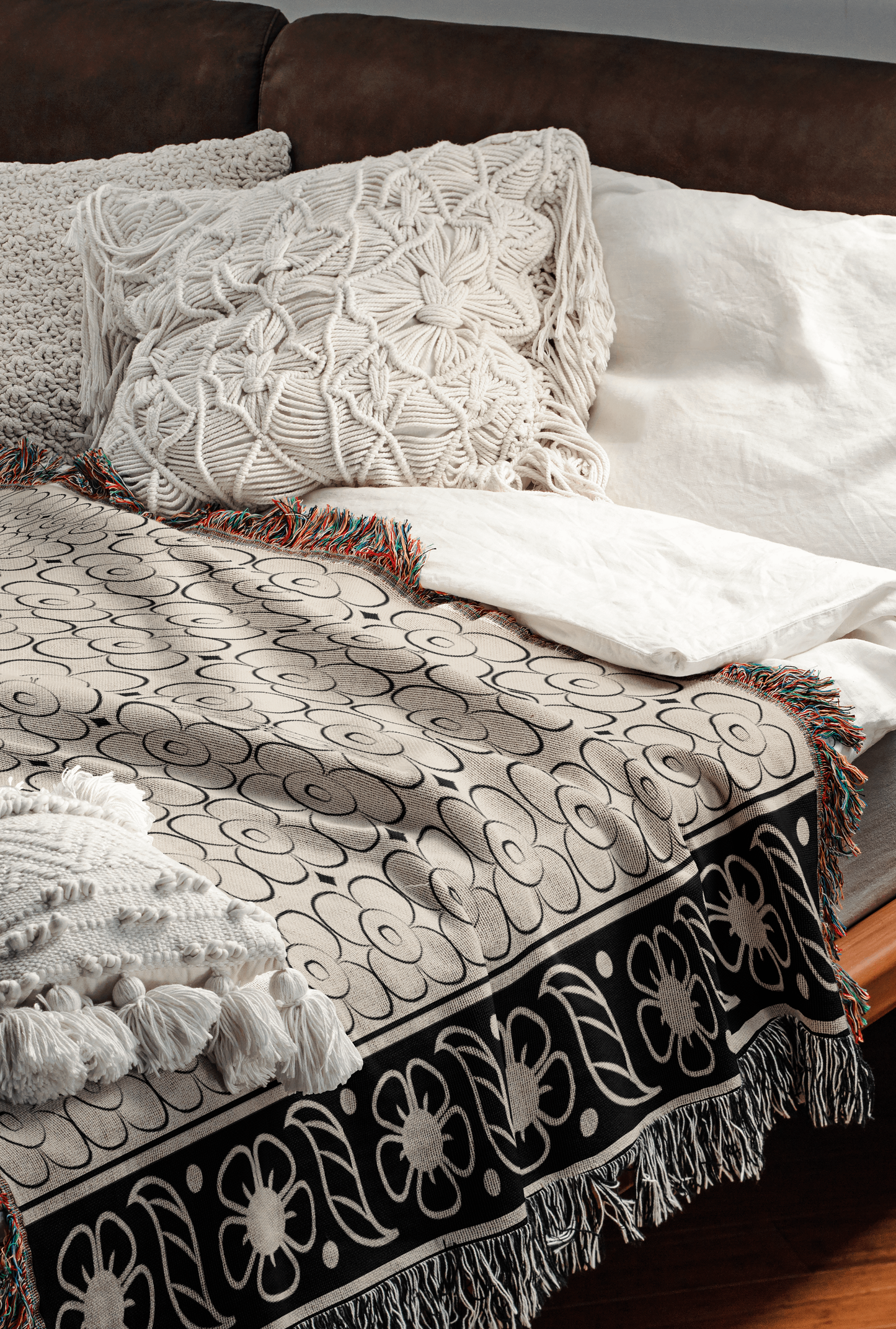 Batik Elegance: Black and Beige Woven Cotton Throw Blanket