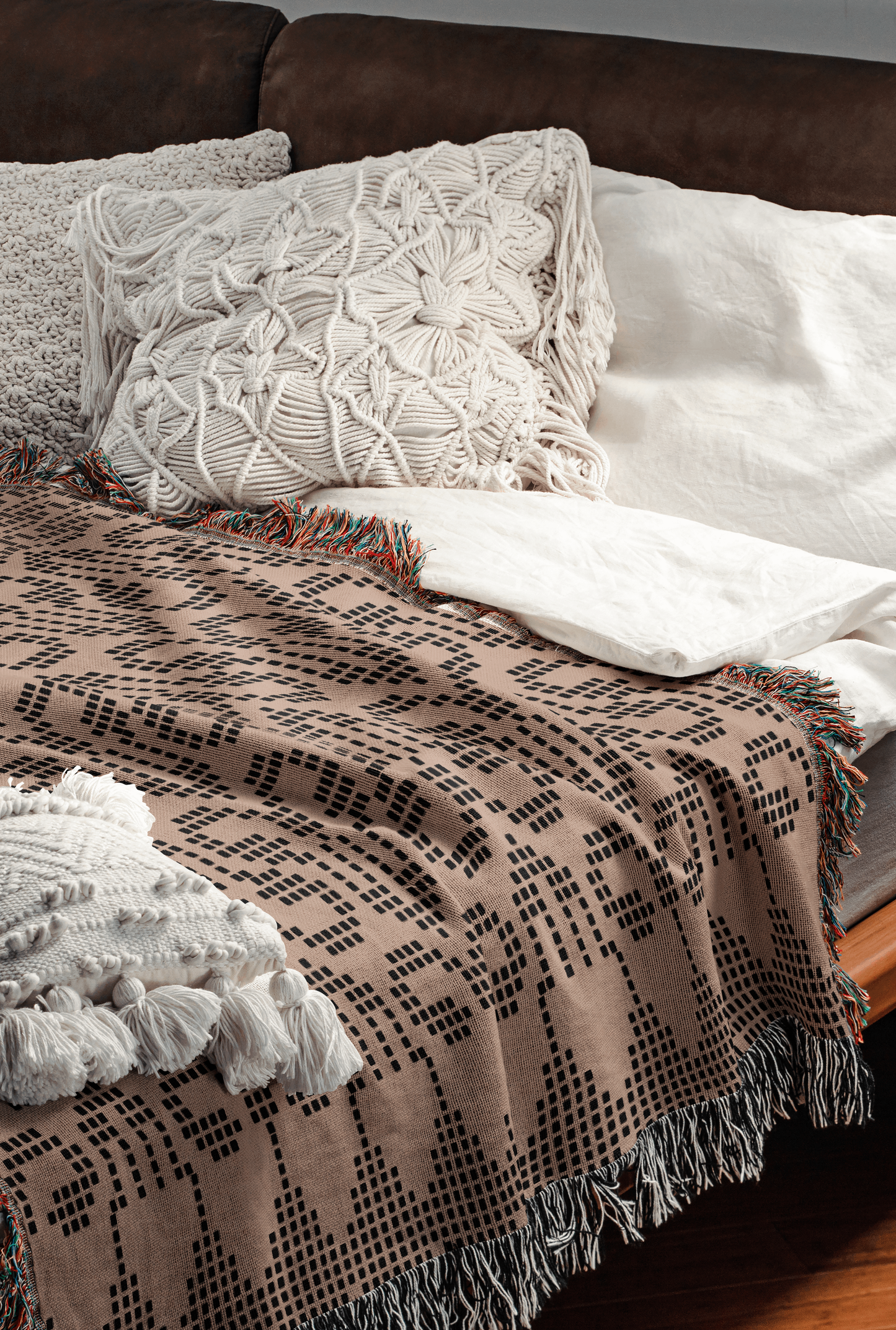 Batik Elegance: Beige and Black Woven Blanket