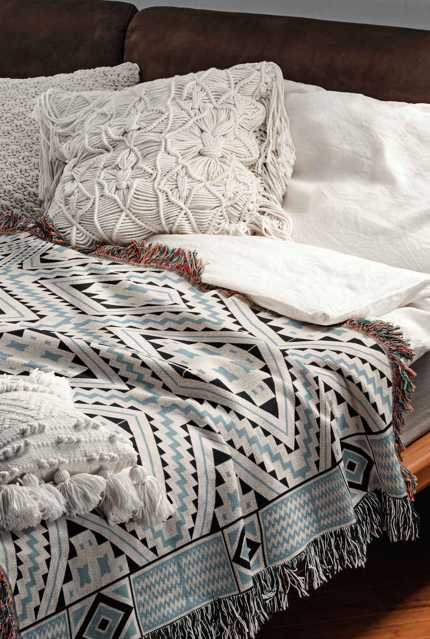 Batik-Inspired Geometric Cotton Throw Blanket in Blue, Black, and White