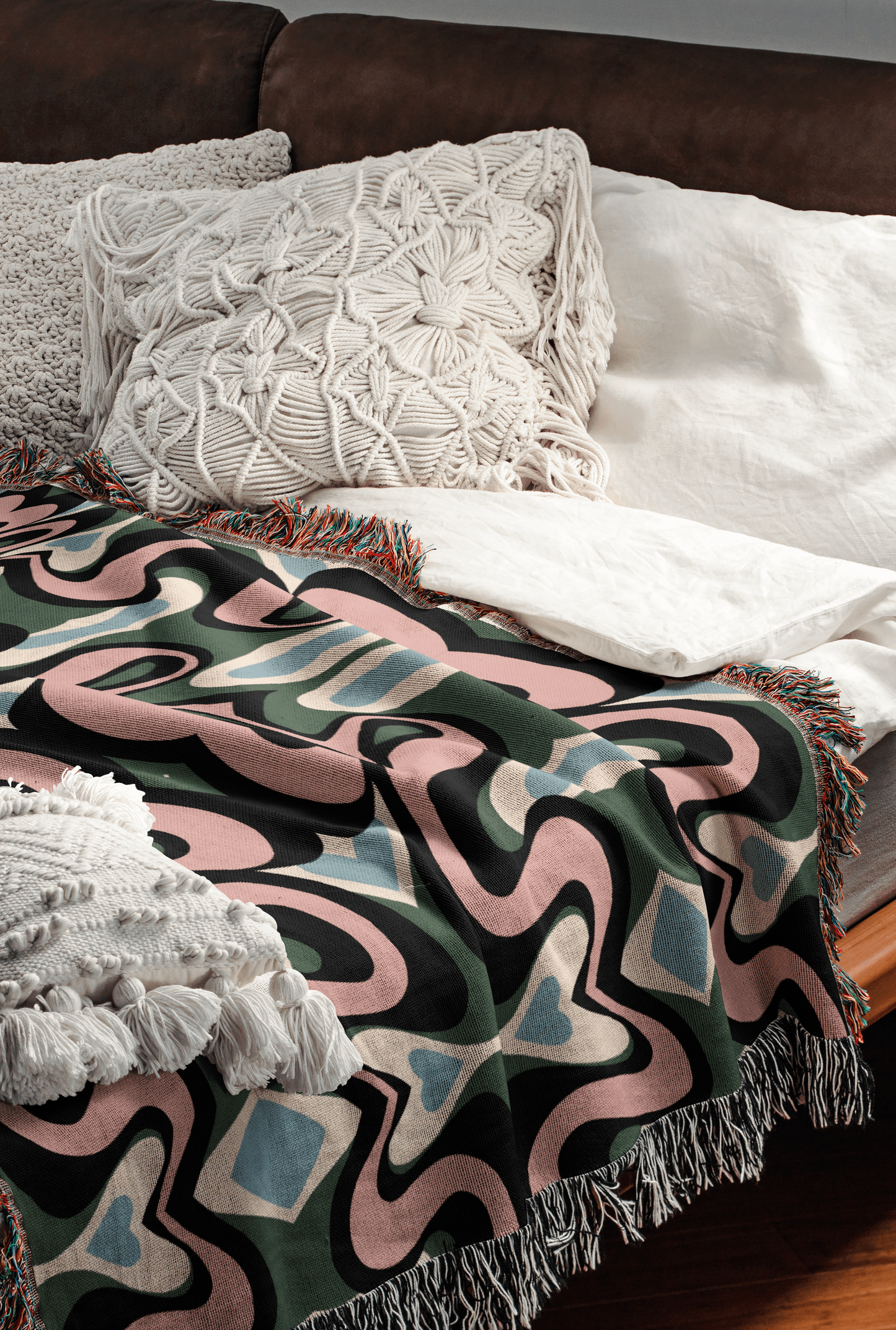 Vibrant Psychedelic Cotton Blanket in Green, Pink, Blue, and Black