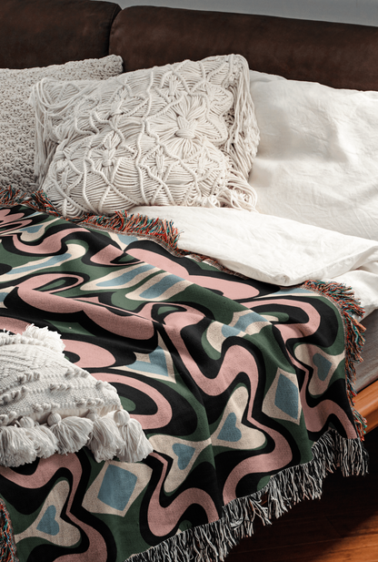 Vibrant Psychedelic Cotton Blanket in Green, Pink, Blue, and Black