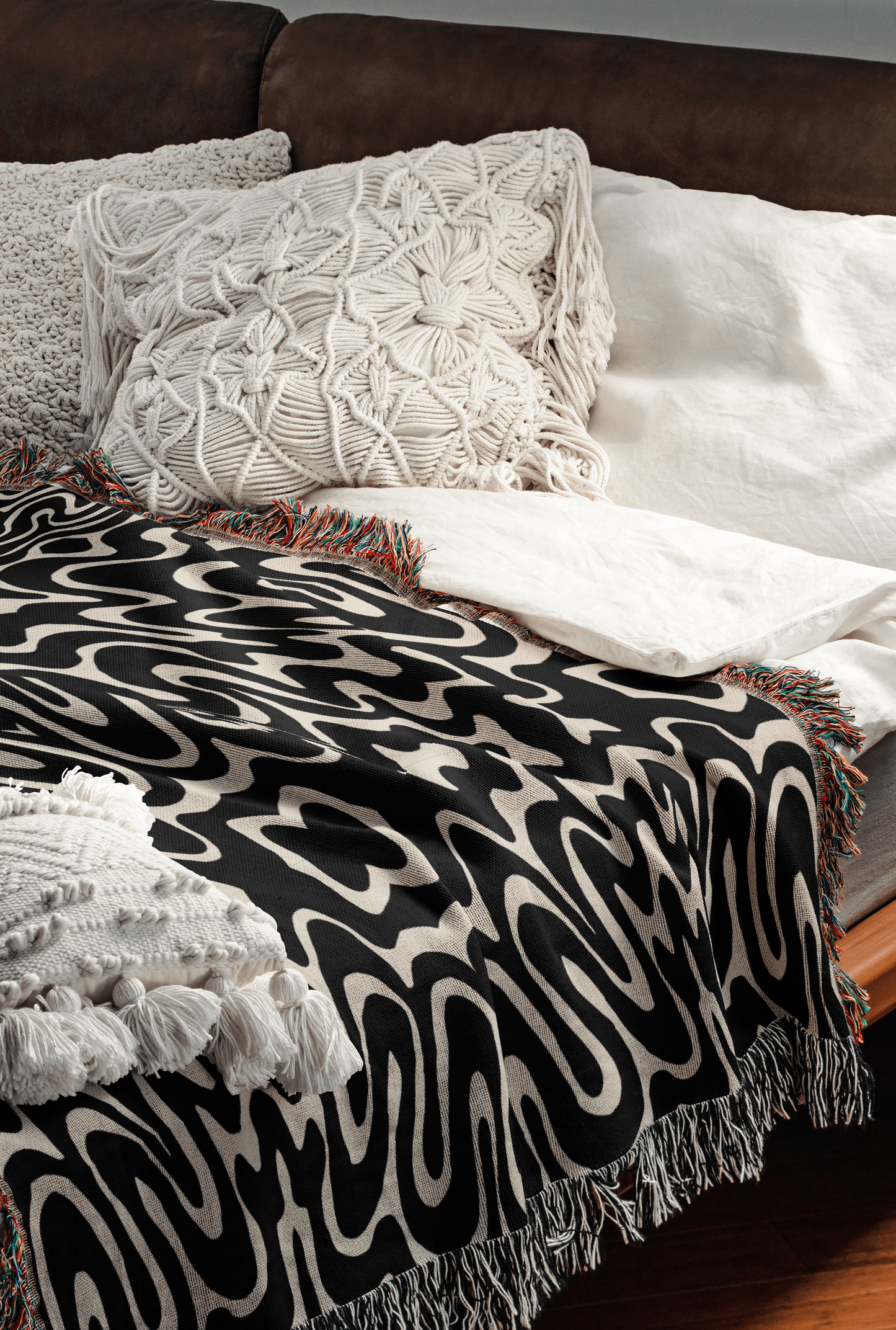 Monochrome Psychedelic Woven Cotton Throw Blanket