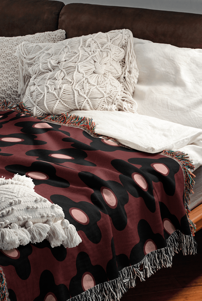 Psychedelic Maroon and Black Floral Woven Cotton Throw Blanket
