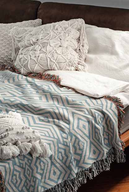 Chic Blue and White Geometric Cotton Knit Throw Blanket