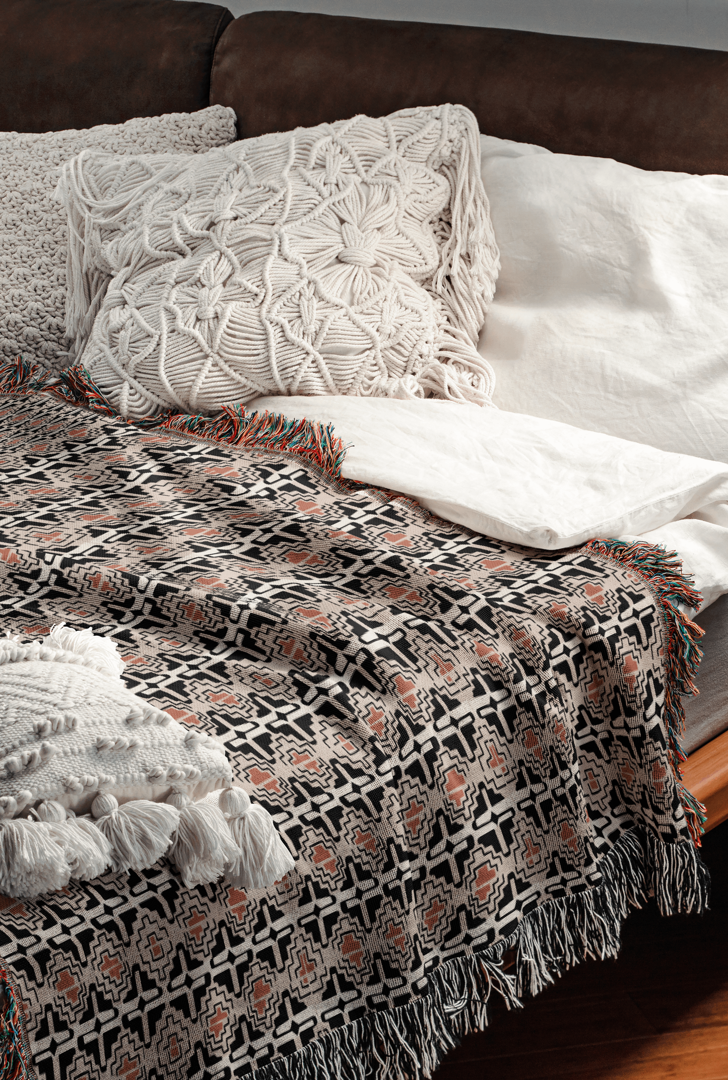 Vintage Terracotta and Black Geometric Woven Throw Blanket