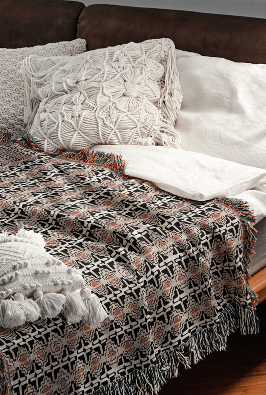 Vintage Terracotta and Black Geometric Woven Throw Blanket