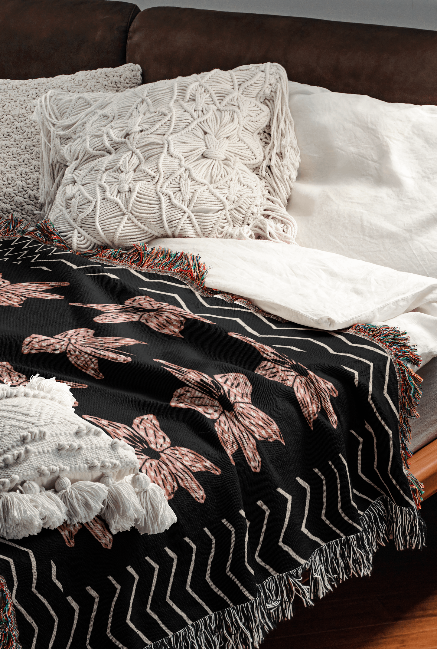 Black and Pink Contemporary Striped Flower Woven Blanket