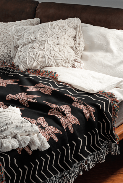 Black and Pink Contemporary Striped Flower Woven Blanket