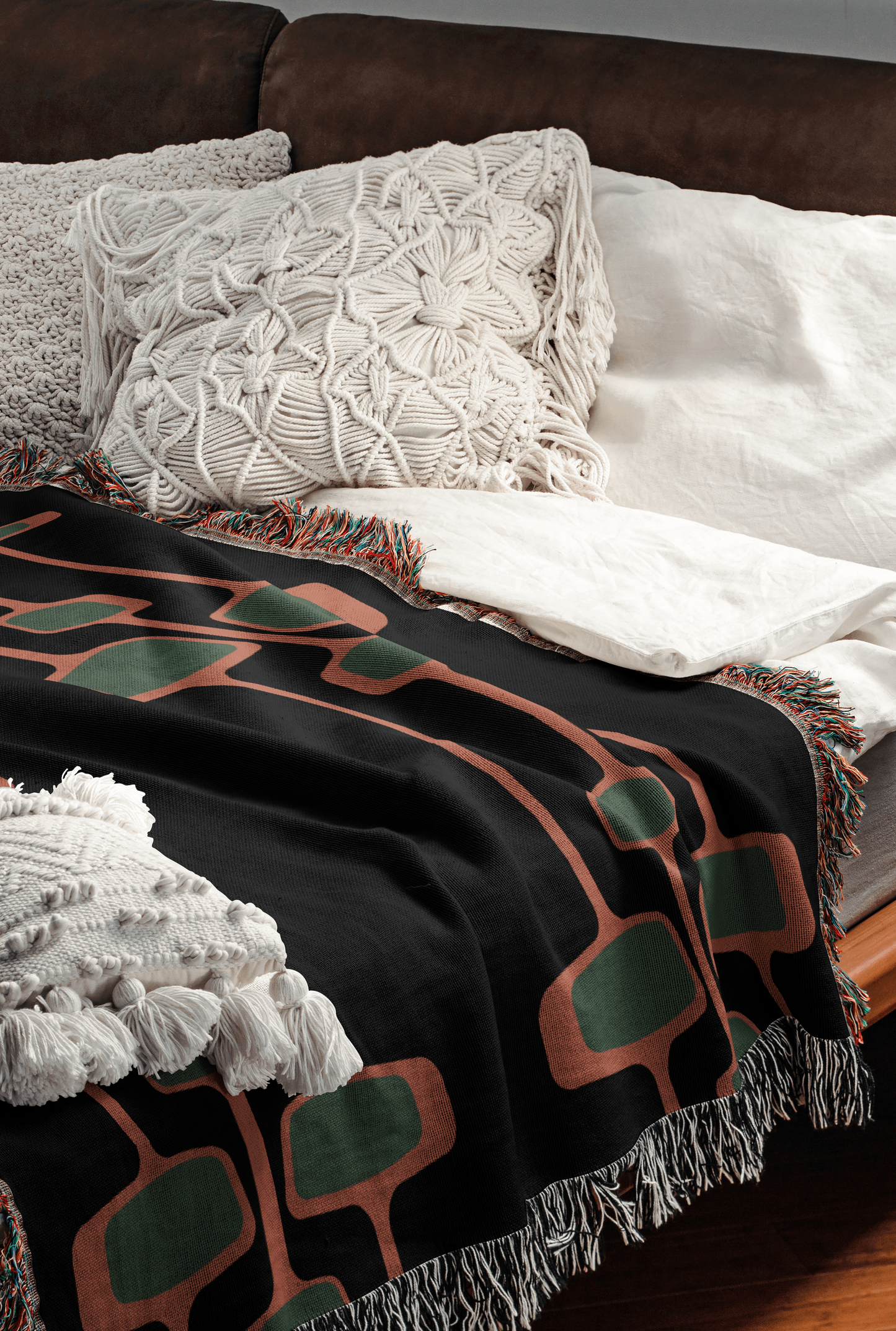 Retro Olive and Rust Modern Geometric Woven Cotton Blanket