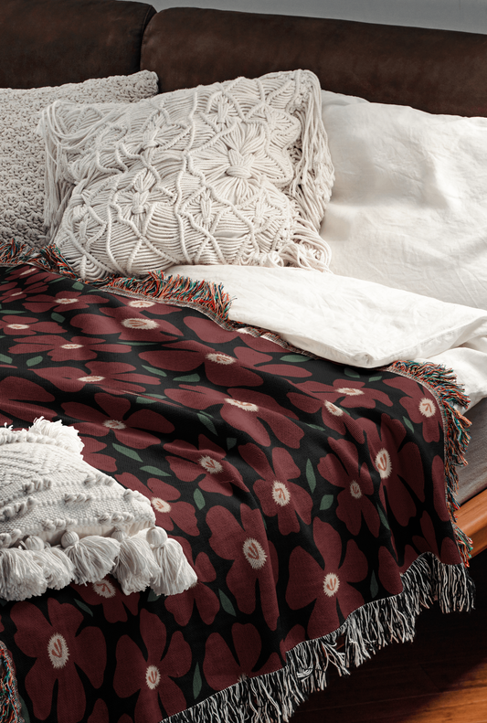 Maroon and Black Daisy Pattern Woven Blanket
