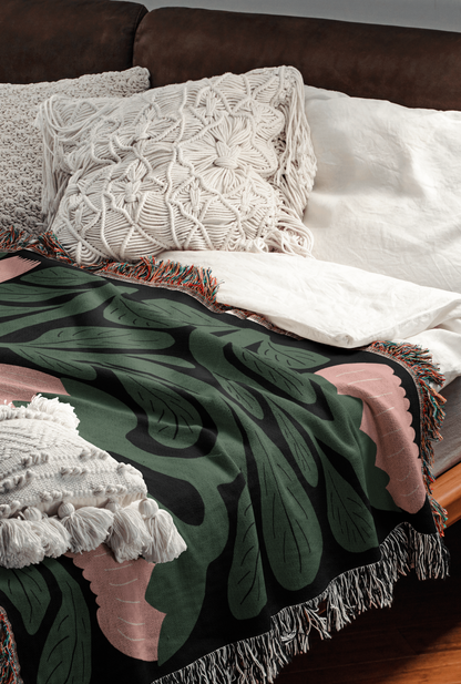 Pink and Green Floral Scandinavian Woven Blanket