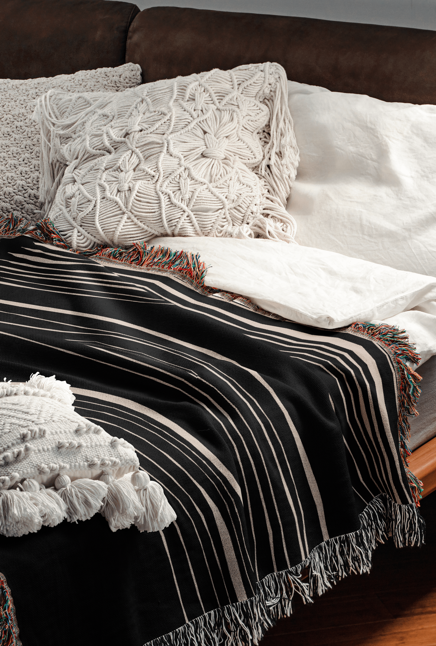 Black and Beige Minimalist Modern Lines Woven Blanket
