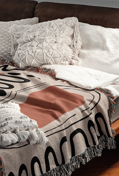 Abstract Terracotta and Black Scribble Woven Cotton Blanket