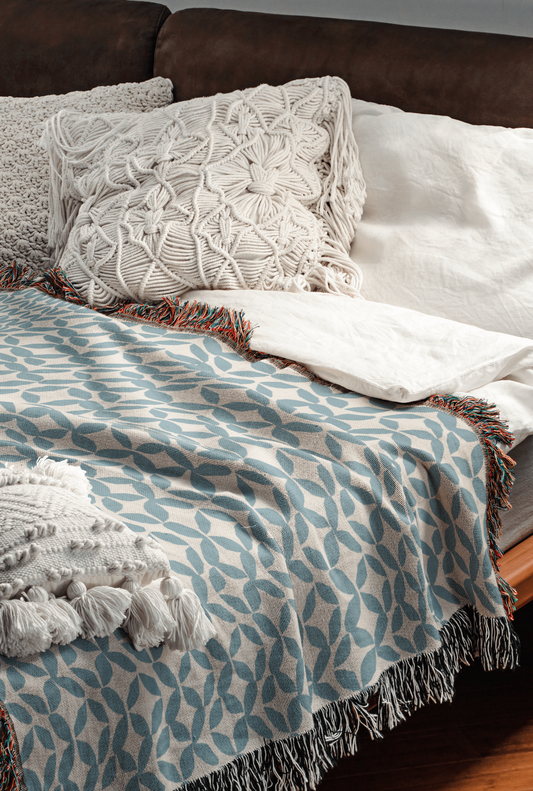 Blue and White Modern Geometric Woven Blanket