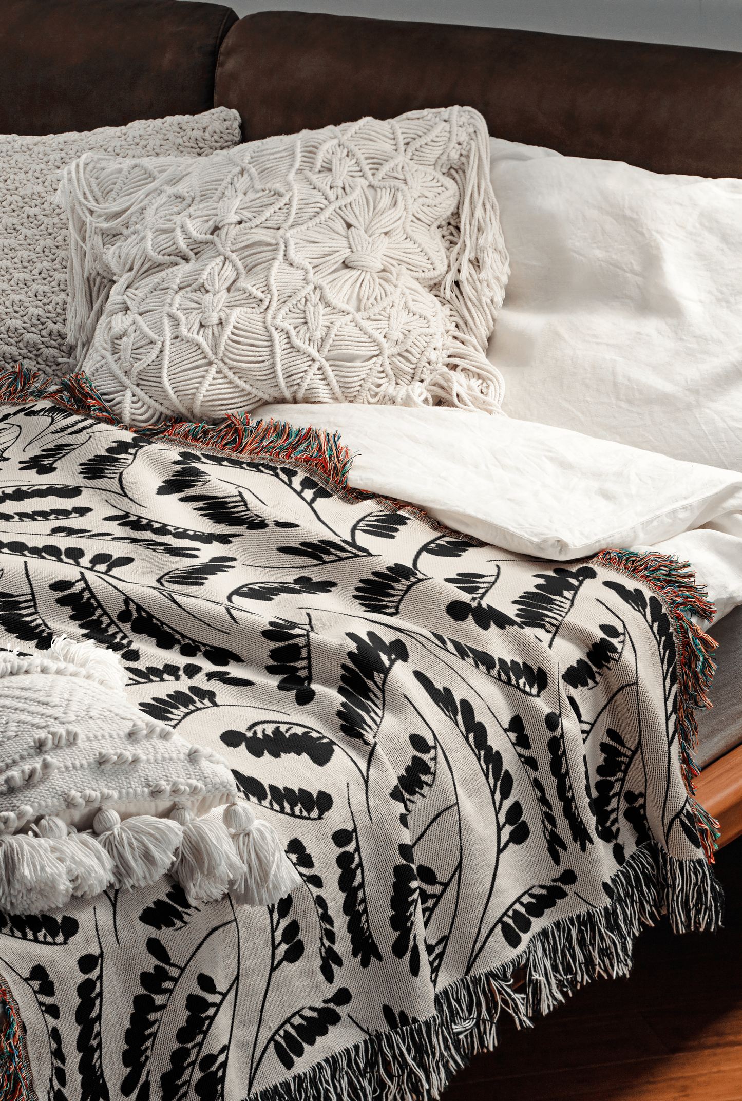 Black and Beige Botanical Leaf Pattern Woven Cotton Blanket