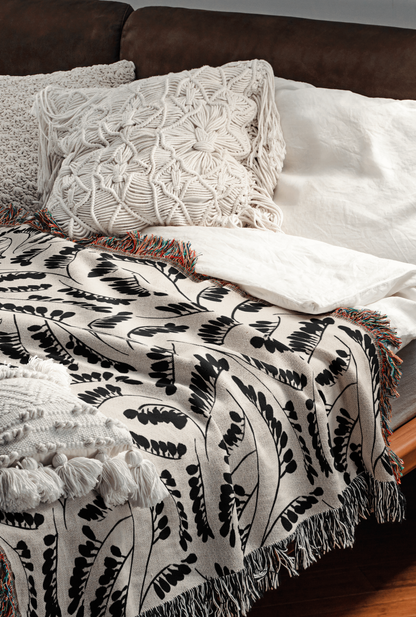 Black and Beige Botanical Leaf Pattern Woven Cotton Blanket