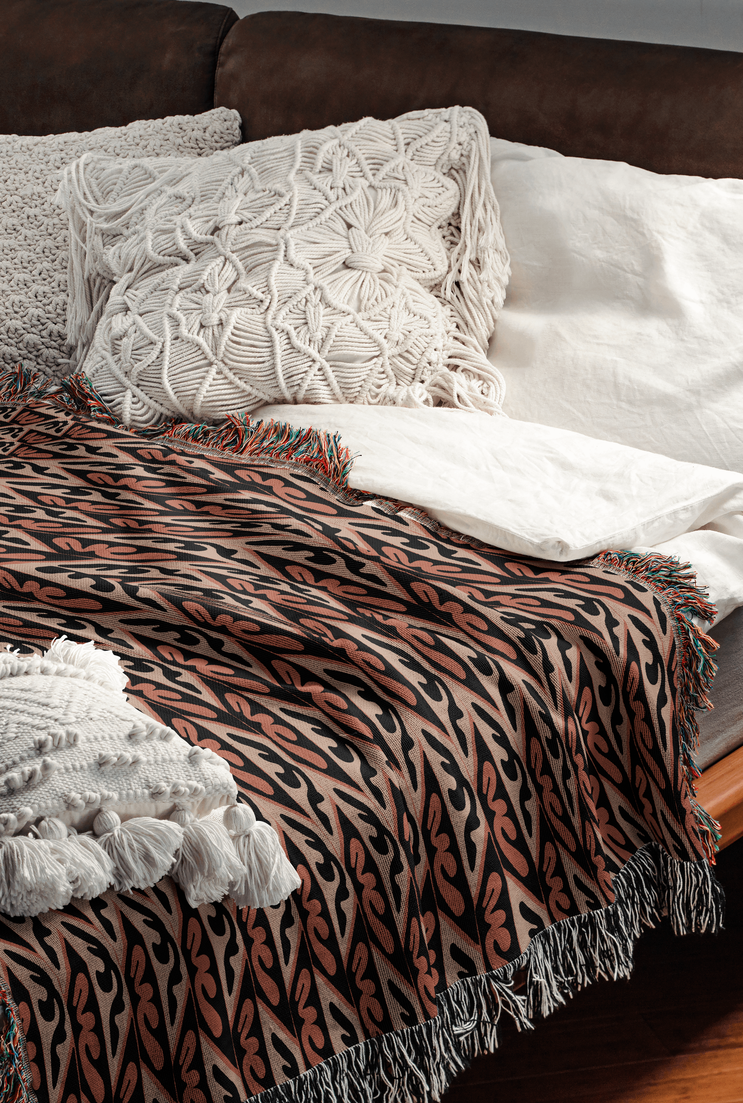 Terracotta, Black, and Beige Geometric Woven Cotton Blanket