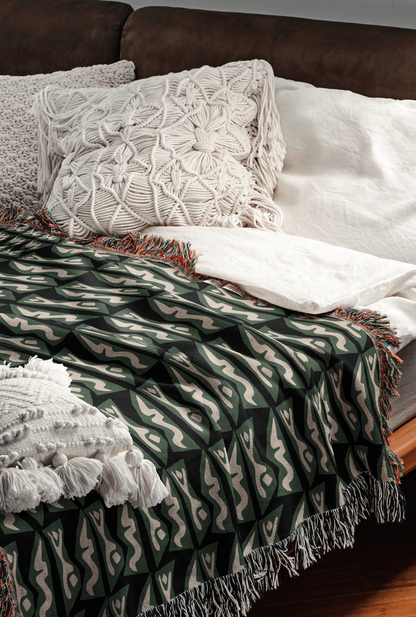 Green and Beige Abstract Modern Woven Cotton Blanket