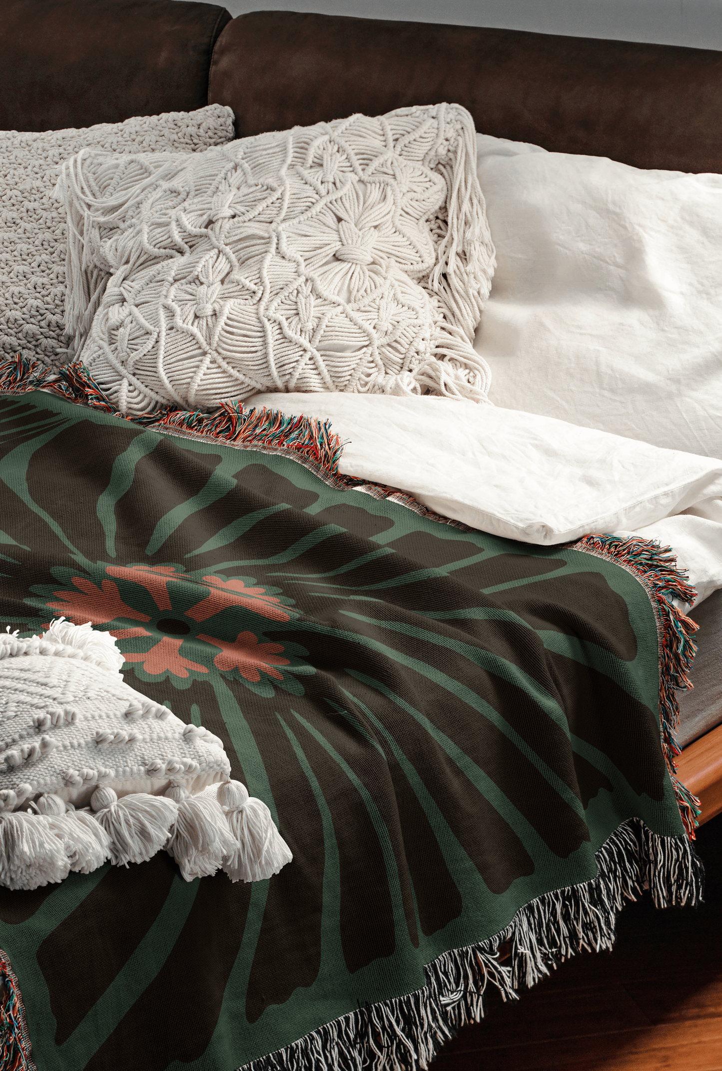 Forest Green Floral Burst Woven Blanket
